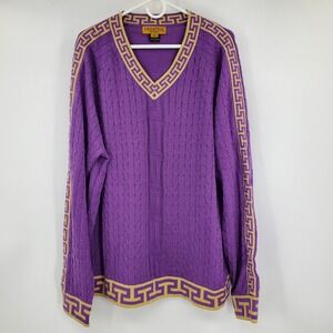 Prestige Original Men Purple Gold Greek Key Cable Knit V-Neck Sweater 3XL SW-365